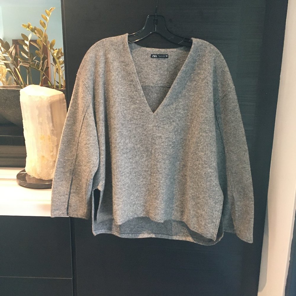 Zara (S) Grey Wool Blend V-Neck Pullover